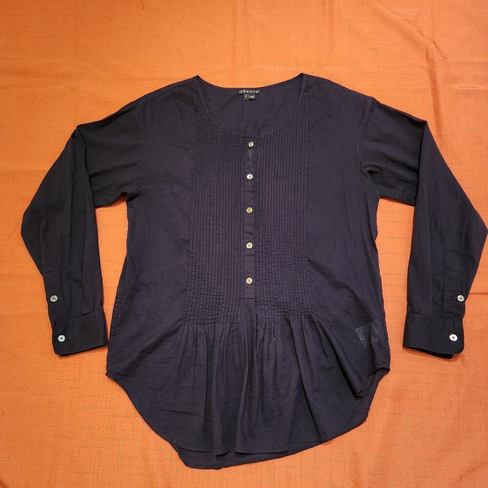 Theory Sz Small Dark Blue Sheer Womens Peasant Blouse Light Weight Top Lagenlook